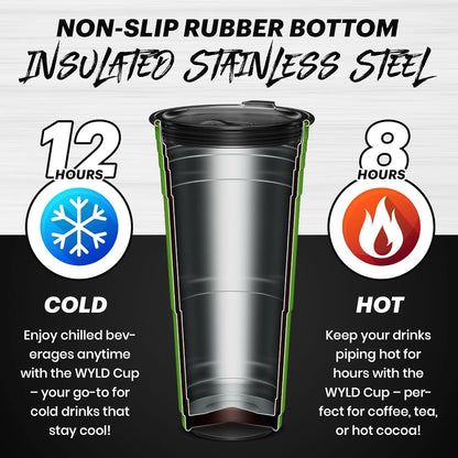Wyld Gear Party Cup 16oz Black Stainless Steel Reusable Metal Cup with Lid | non-sweat exterior, 18/8 stainless steel, copper-coated core, non-slip rubber bottom, leak-resistant lid, powder coated