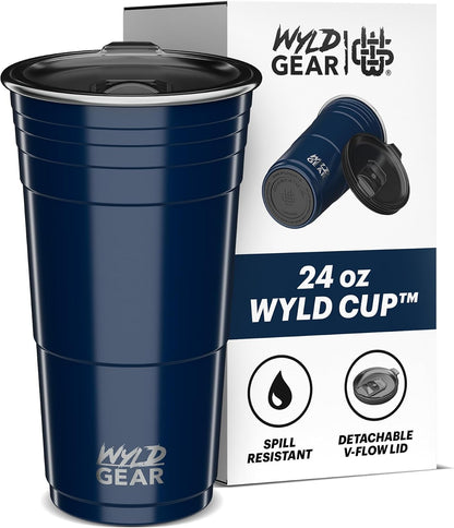 Wyld Gear Party Cup 16oz Black Stainless Steel Reusable Metal Cup with Lid | non-sweat exterior, 18/8 stainless steel, copper-coated core, non-slip rubber bottom, leak-resistant lid, powder coated