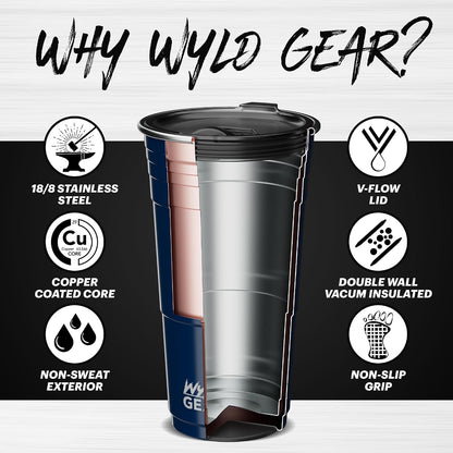 Wyld Gear Party Cup 16oz Black Stainless Steel Reusable Metal Cup with Lid | non-sweat exterior, 18/8 stainless steel, copper-coated core, non-slip rubber bottom, leak-resistant lid, powder coated