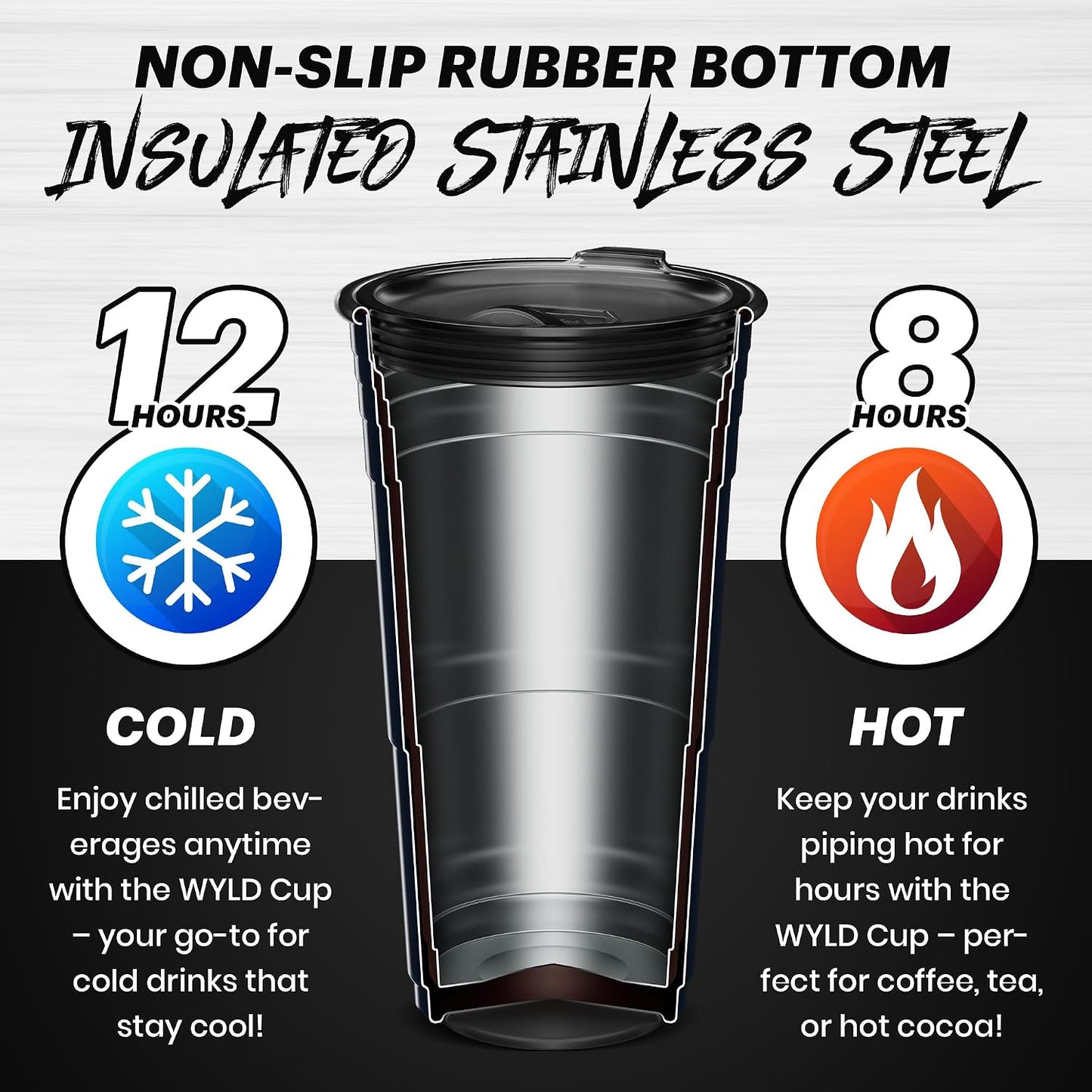 Wyld Gear Party Cup 16oz Black Stainless Steel Reusable Metal Cup with Lid | non-sweat exterior, 18/8 stainless steel, copper-coated core, non-slip rubber bottom, leak-resistant lid, powder coated