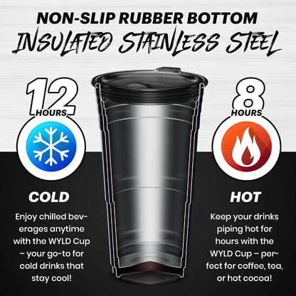 Wyld Gear Party Cup 16oz Black Stainless Steel Reusable Metal Cup with Lid | non-sweat exterior, 18/8 stainless steel, copper-coated core, non-slip rubber bottom, leak-resistant lid, powder coated