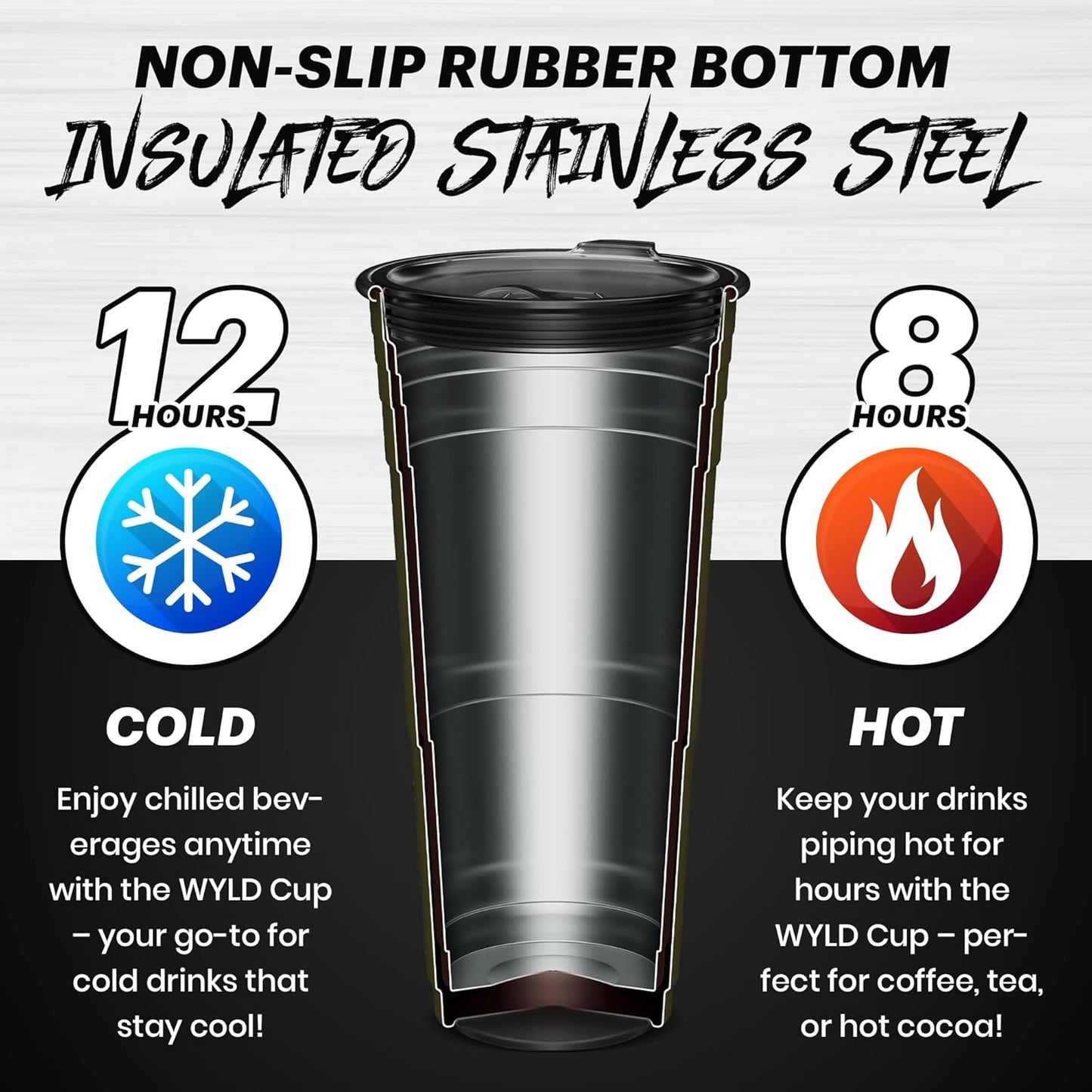 Wyld Gear Party Cup 16oz Black Stainless Steel Reusable Metal Cup with Lid | non-sweat exterior, 18/8 stainless steel, copper-coated core, non-slip rubber bottom, leak-resistant lid, powder coated