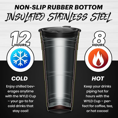 Wyld Gear Party Cup 16oz Black Stainless Steel Reusable Metal Cup with Lid | non-sweat exterior, 18/8 stainless steel, copper-coated core, non-slip rubber bottom, leak-resistant lid, powder coated