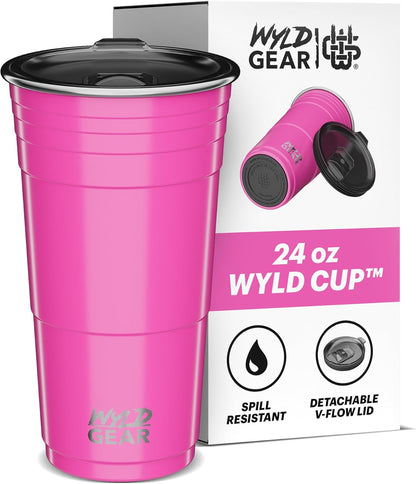 Wyld Gear Party Cup 16oz Black Stainless Steel Reusable Metal Cup with Lid | non-sweat exterior, 18/8 stainless steel, copper-coated core, non-slip rubber bottom, leak-resistant lid, powder coated