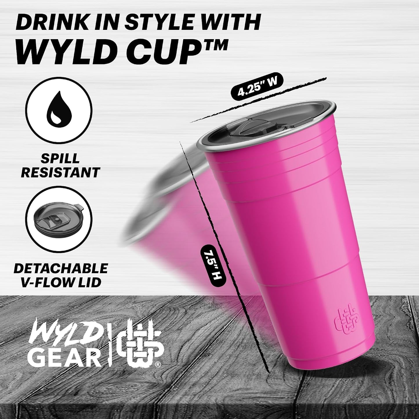 Wyld Gear Party Cup 16oz Black Stainless Steel Reusable Metal Cup with Lid | non-sweat exterior, 18/8 stainless steel, copper-coated core, non-slip rubber bottom, leak-resistant lid, powder coated