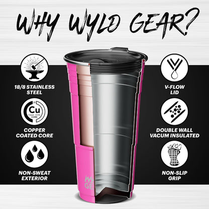 Wyld Gear Party Cup 16oz Black Stainless Steel Reusable Metal Cup with Lid | non-sweat exterior, 18/8 stainless steel, copper-coated core, non-slip rubber bottom, leak-resistant lid, powder coated
