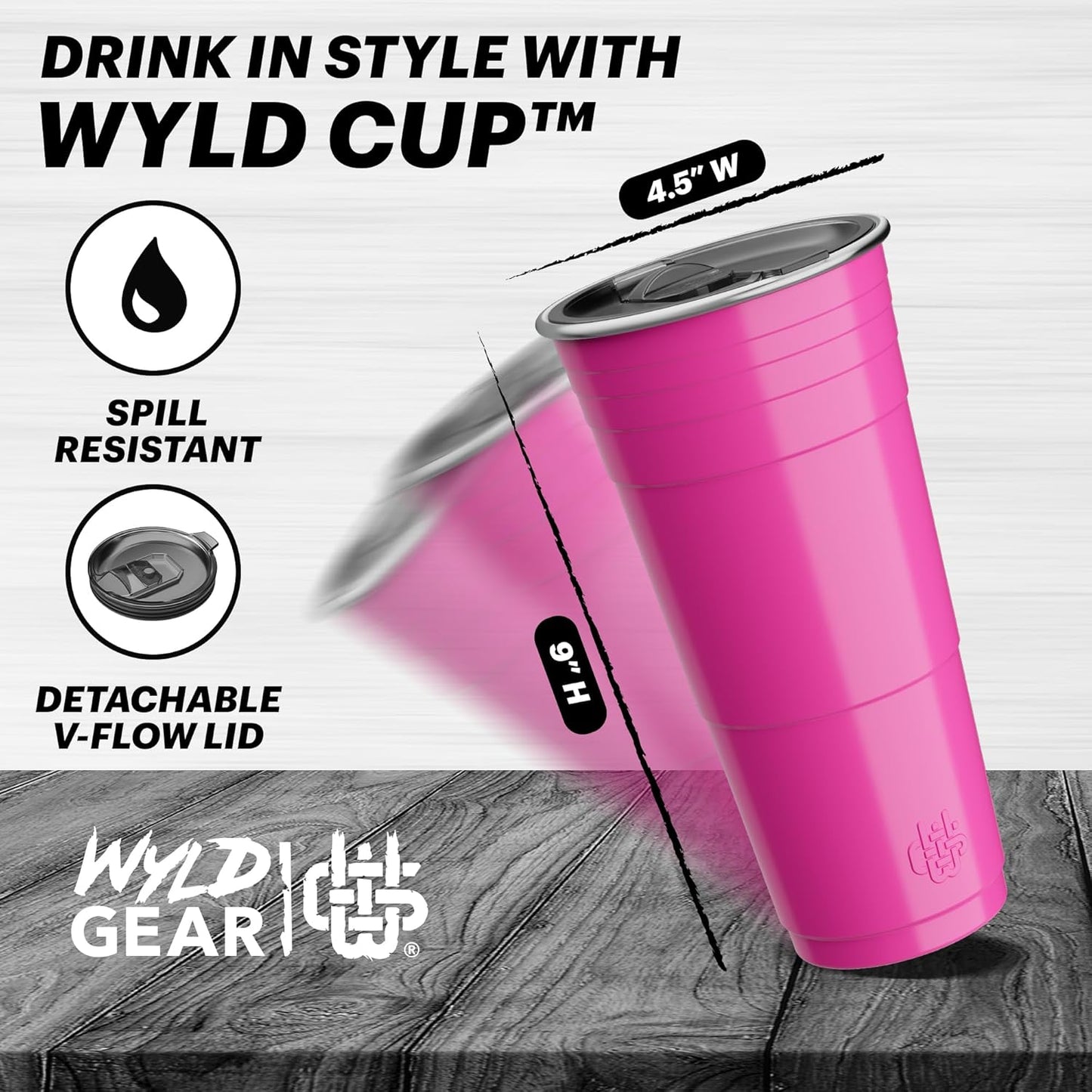 Wyld Gear Party Cup 16oz Black Stainless Steel Reusable Metal Cup with Lid | non-sweat exterior, 18/8 stainless steel, copper-coated core, non-slip rubber bottom, leak-resistant lid, powder coated