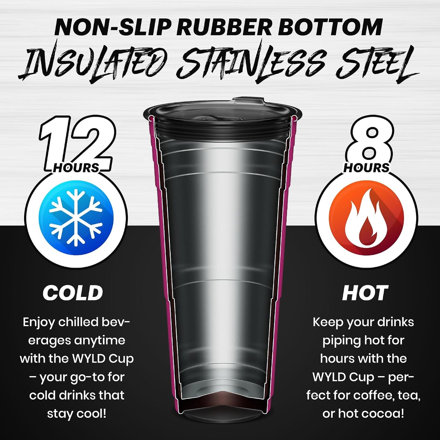 Wyld Gear Party Cup 16oz Black Stainless Steel Reusable Metal Cup with Lid | non-sweat exterior, 18/8 stainless steel, copper-coated core, non-slip rubber bottom, leak-resistant lid, powder coated