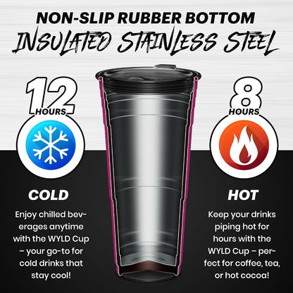 Wyld Gear Party Cup 16oz Black Stainless Steel Reusable Metal Cup with Lid | non-sweat exterior, 18/8 stainless steel, copper-coated core, non-slip rubber bottom, leak-resistant lid, powder coated