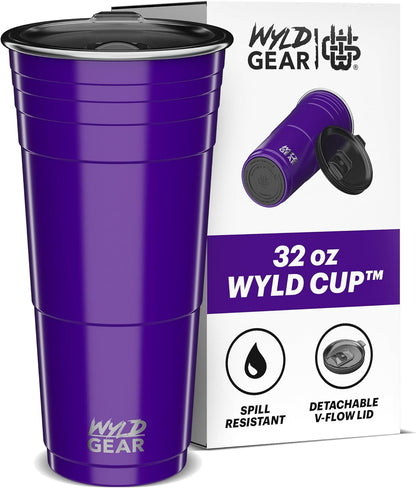Wyld Gear Party Cup 16oz Black Stainless Steel Reusable Metal Cup with Lid | non-sweat exterior, 18/8 stainless steel, copper-coated core, non-slip rubber bottom, leak-resistant lid, powder coated
