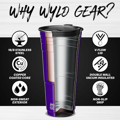 Wyld Gear Party Cup 16oz Black Stainless Steel Reusable Metal Cup with Lid | non-sweat exterior, 18/8 stainless steel, copper-coated core, non-slip rubber bottom, leak-resistant lid, powder coated