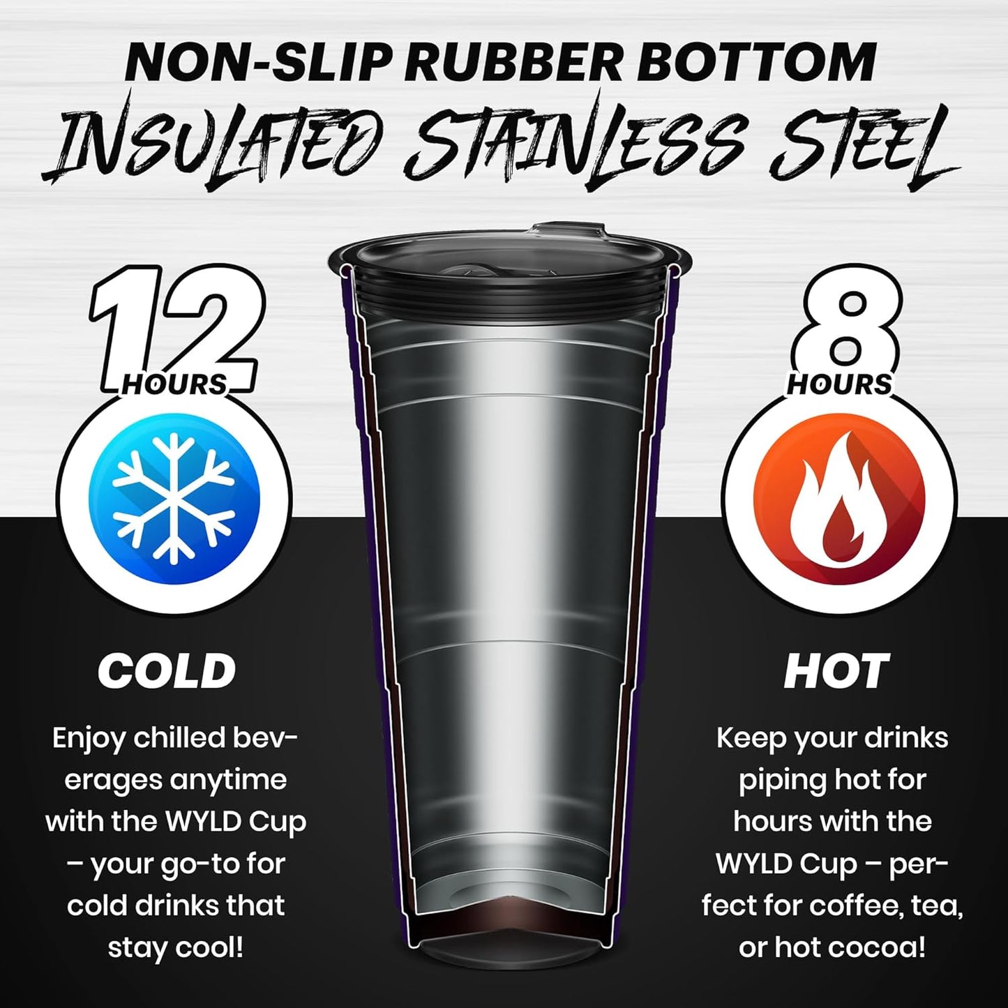 Wyld Gear Party Cup 16oz Black Stainless Steel Reusable Metal Cup with Lid | non-sweat exterior, 18/8 stainless steel, copper-coated core, non-slip rubber bottom, leak-resistant lid, powder coated