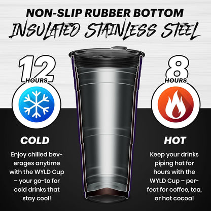 Wyld Gear Party Cup 16oz Black Stainless Steel Reusable Metal Cup with Lid | non-sweat exterior, 18/8 stainless steel, copper-coated core, non-slip rubber bottom, leak-resistant lid, powder coated