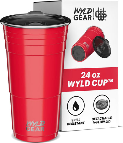 Wyld Gear Party Cup 16oz Black Stainless Steel Reusable Metal Cup with Lid | non-sweat exterior, 18/8 stainless steel, copper-coated core, non-slip rubber bottom, leak-resistant lid, powder coated