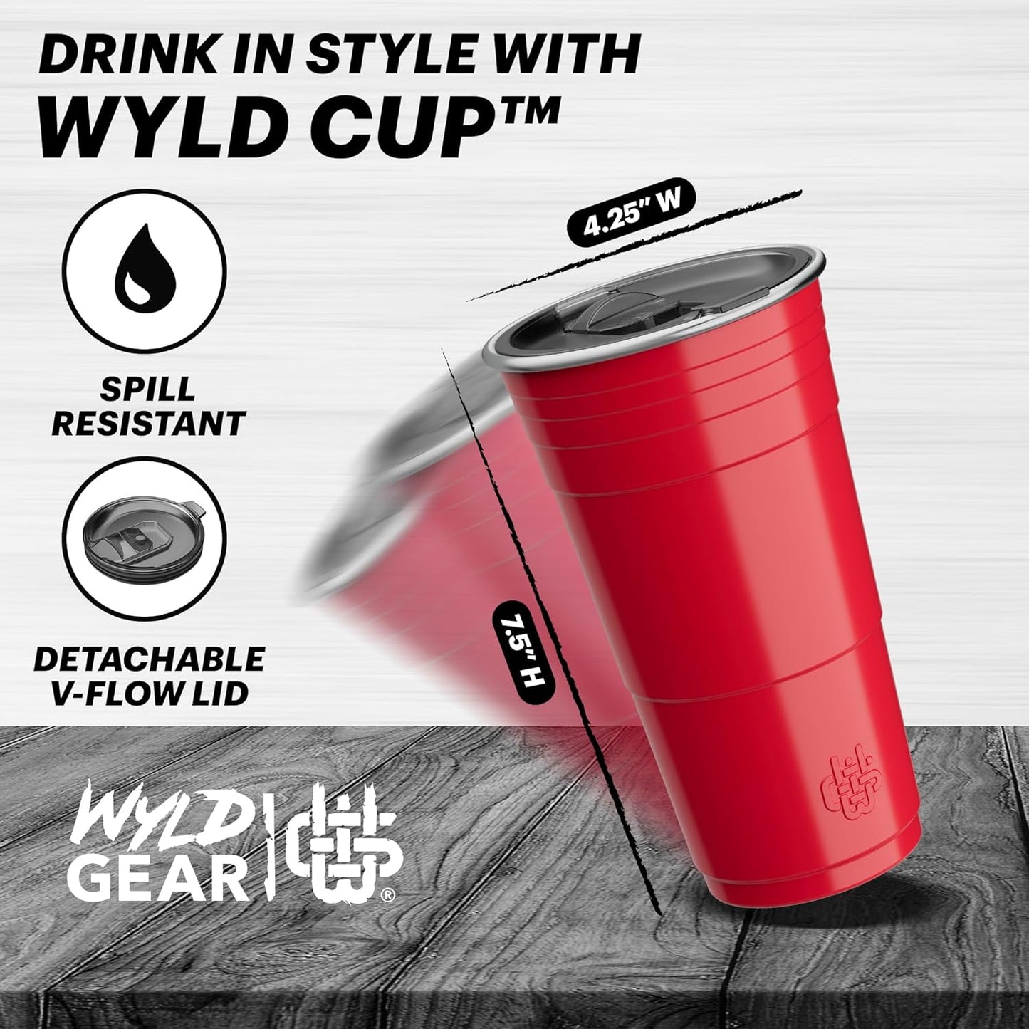 Wyld Gear Party Cup 16oz Black Stainless Steel Reusable Metal Cup with Lid | non-sweat exterior, 18/8 stainless steel, copper-coated core, non-slip rubber bottom, leak-resistant lid, powder coated