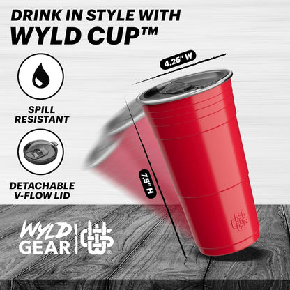 Wyld Gear Party Cup 16oz Black Stainless Steel Reusable Metal Cup with Lid | non-sweat exterior, 18/8 stainless steel, copper-coated core, non-slip rubber bottom, leak-resistant lid, powder coated