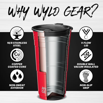 Wyld Gear Party Cup 16oz Black Stainless Steel Reusable Metal Cup with Lid | non-sweat exterior, 18/8 stainless steel, copper-coated core, non-slip rubber bottom, leak-resistant lid, powder coated