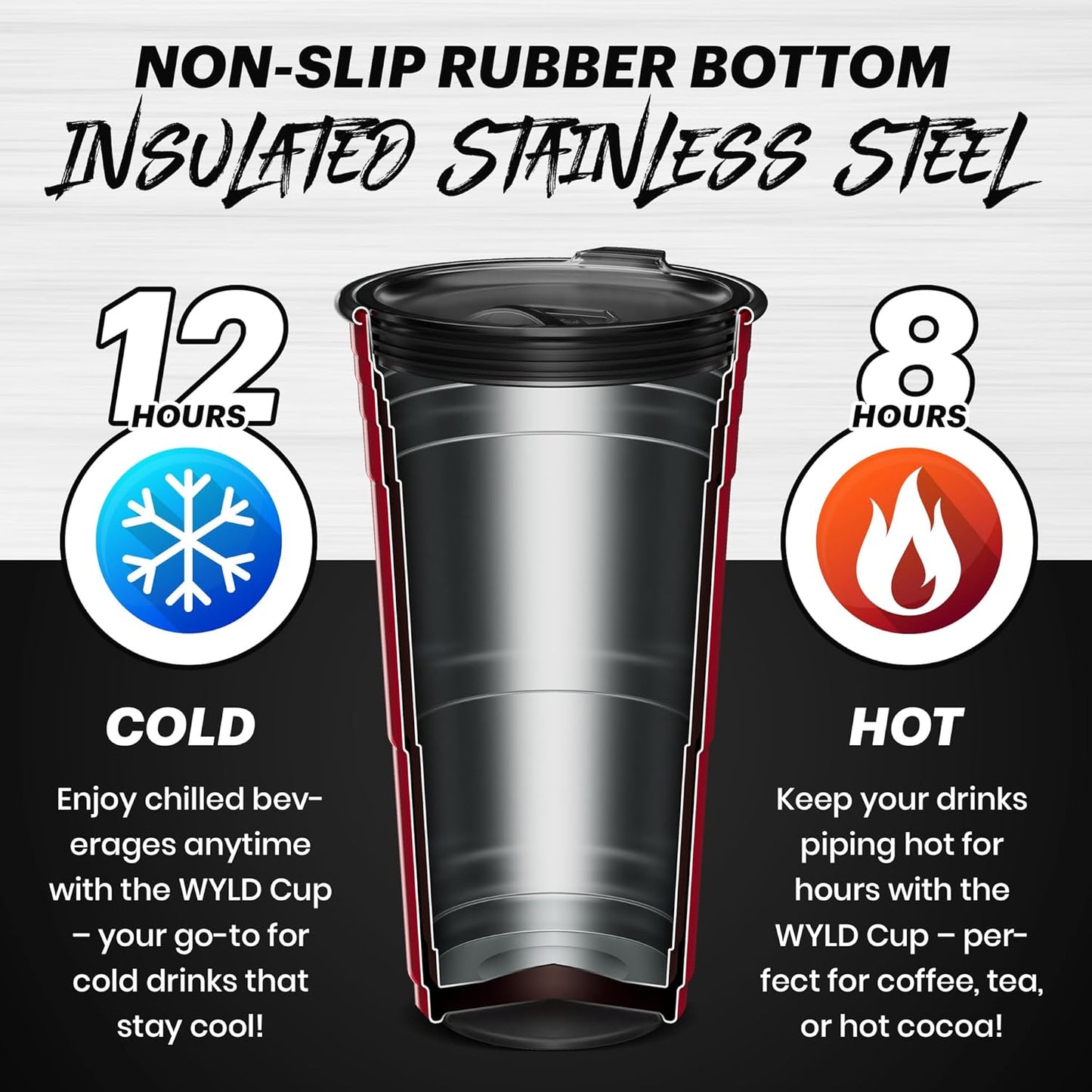 Wyld Gear Party Cup 16oz Black Stainless Steel Reusable Metal Cup with Lid | non-sweat exterior, 18/8 stainless steel, copper-coated core, non-slip rubber bottom, leak-resistant lid, powder coated