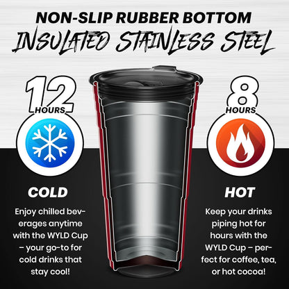 Wyld Gear Party Cup 16oz Black Stainless Steel Reusable Metal Cup with Lid | non-sweat exterior, 18/8 stainless steel, copper-coated core, non-slip rubber bottom, leak-resistant lid, powder coated