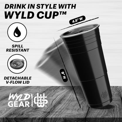 Wyld Gear Party Cup 16oz Black Stainless Steel Reusable Metal Cup with Lid | non-sweat exterior, 18/8 stainless steel, copper-coated core, non-slip rubber bottom, leak-resistant lid, powder coated