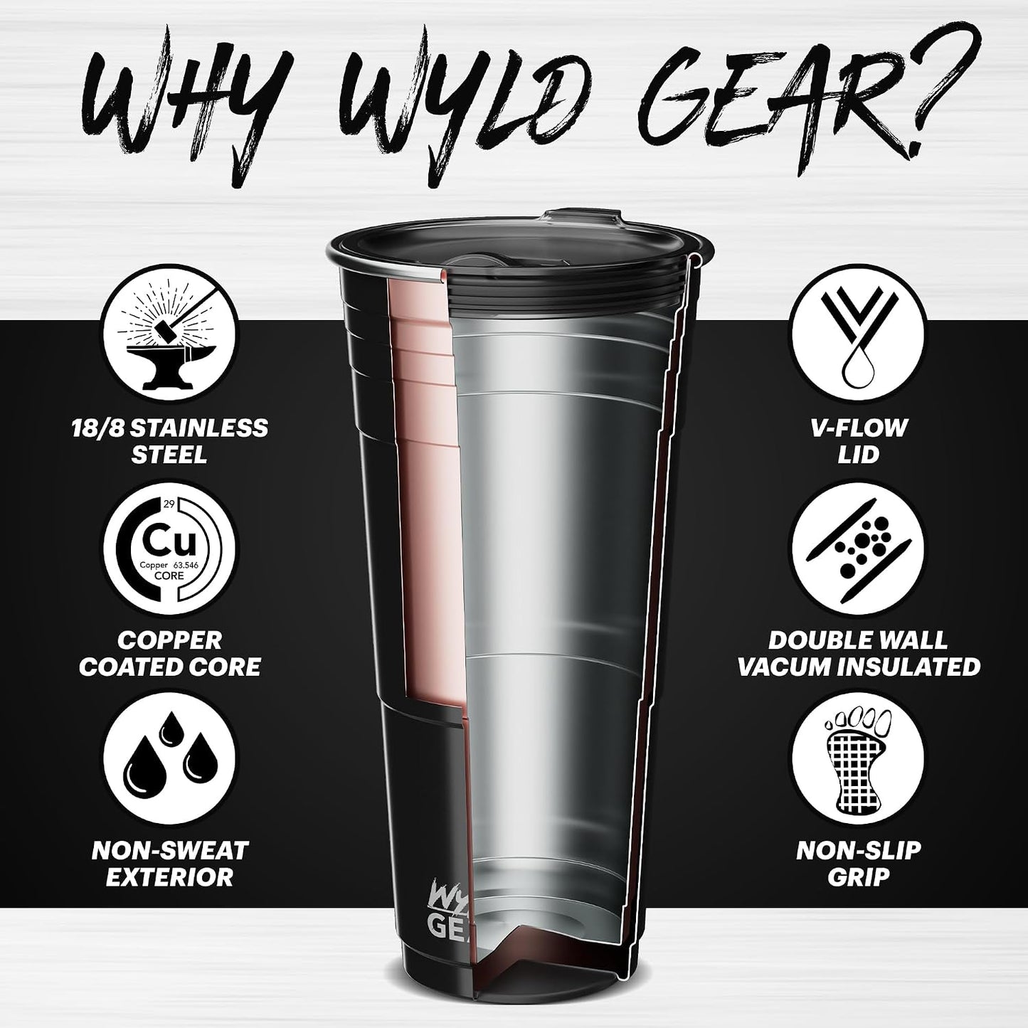 Wyld Gear Party Cup 16oz Black Stainless Steel Reusable Metal Cup with Lid | non-sweat exterior, 18/8 stainless steel, copper-coated core, non-slip rubber bottom, leak-resistant lid, powder coated