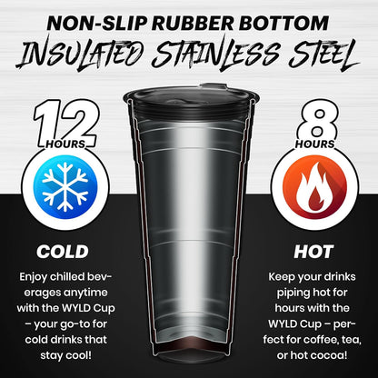Wyld Gear Party Cup 16oz Black Stainless Steel Reusable Metal Cup with Lid | non-sweat exterior, 18/8 stainless steel, copper-coated core, non-slip rubber bottom, leak-resistant lid, powder coated