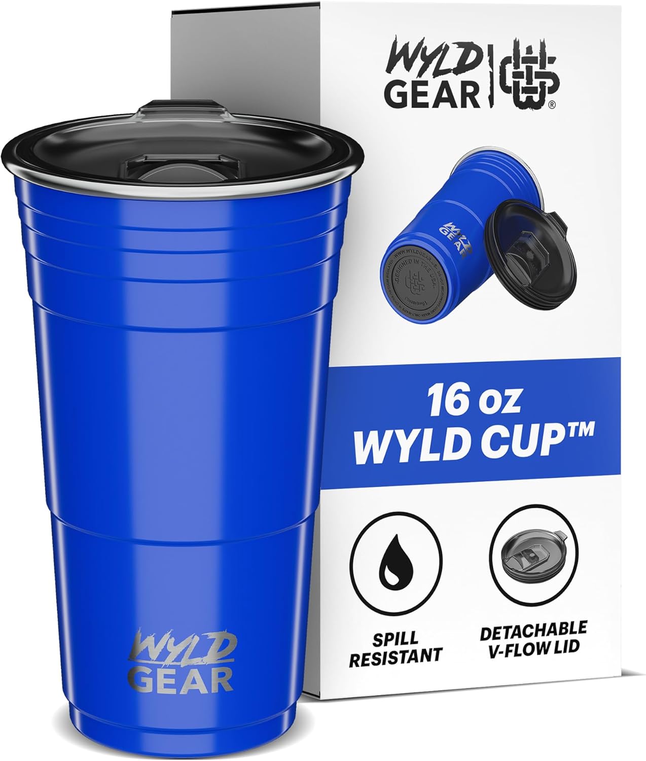 Wyld Gear Party Cup 16oz Black Stainless Steel Reusable Metal Cup with Lid | non-sweat exterior, 18/8 stainless steel, copper-coated core, non-slip rubber bottom, leak-resistant lid, powder coated