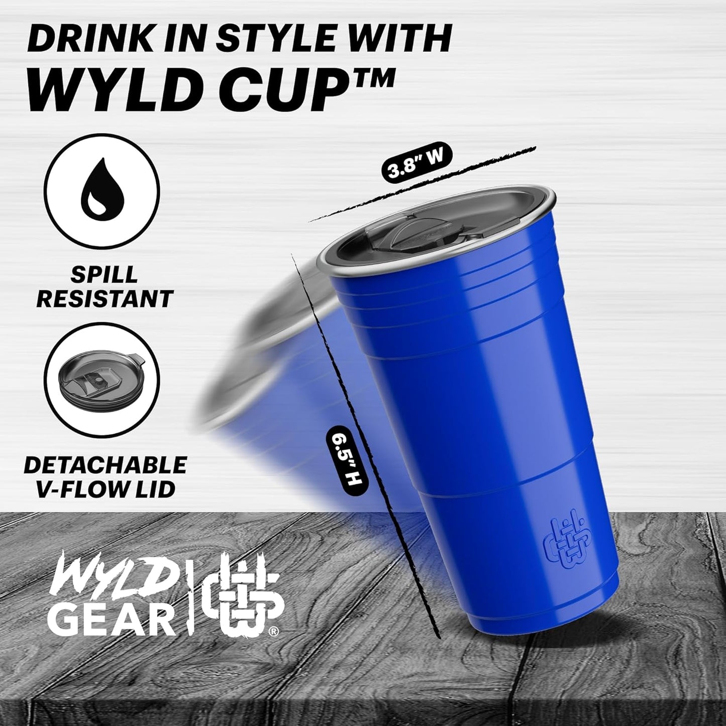 Wyld Gear Party Cup 16oz Black Stainless Steel Reusable Metal Cup with Lid | non-sweat exterior, 18/8 stainless steel, copper-coated core, non-slip rubber bottom, leak-resistant lid, powder coated