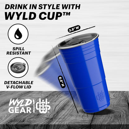 Wyld Gear Party Cup 16oz Black Stainless Steel Reusable Metal Cup with Lid | non-sweat exterior, 18/8 stainless steel, copper-coated core, non-slip rubber bottom, leak-resistant lid, powder coated