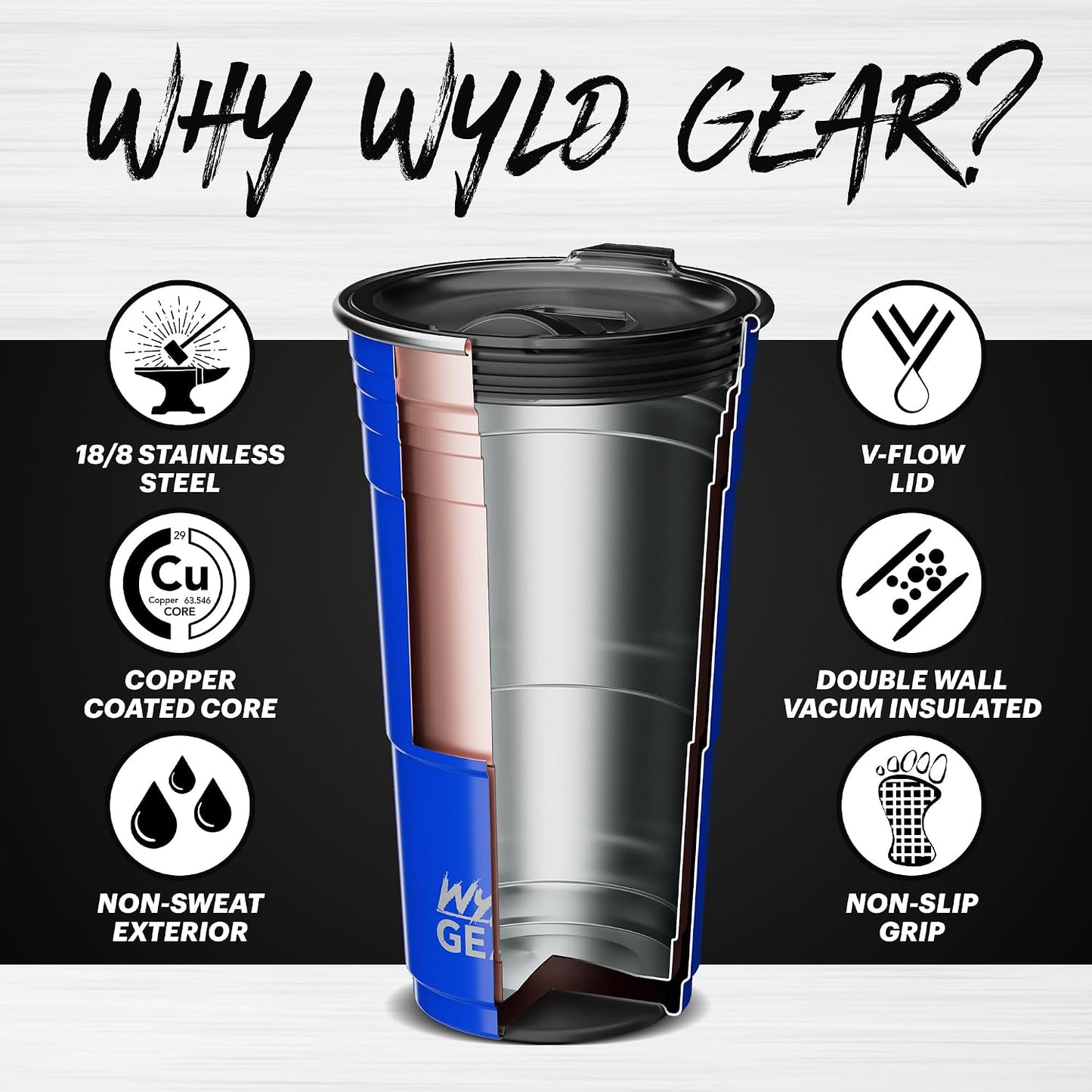 Wyld Gear Party Cup 16oz Black Stainless Steel Reusable Metal Cup with Lid | non-sweat exterior, 18/8 stainless steel, copper-coated core, non-slip rubber bottom, leak-resistant lid, powder coated