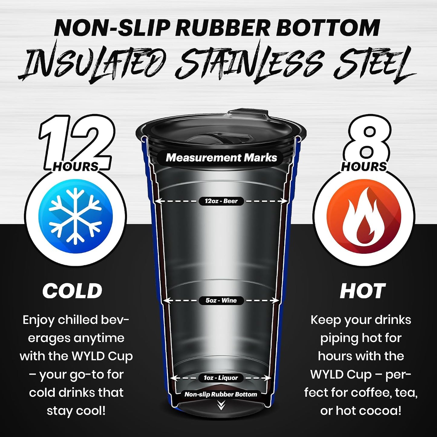 Wyld Gear Party Cup 16oz Black Stainless Steel Reusable Metal Cup with Lid | non-sweat exterior, 18/8 stainless steel, copper-coated core, non-slip rubber bottom, leak-resistant lid, powder coated