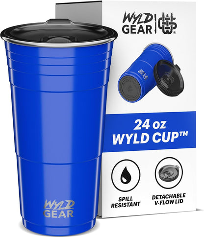 Wyld Gear Party Cup 16oz Black Stainless Steel Reusable Metal Cup with Lid | non-sweat exterior, 18/8 stainless steel, copper-coated core, non-slip rubber bottom, leak-resistant lid, powder coated