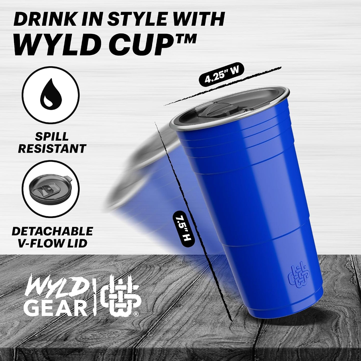 Wyld Gear Party Cup 16oz Black Stainless Steel Reusable Metal Cup with Lid | non-sweat exterior, 18/8 stainless steel, copper-coated core, non-slip rubber bottom, leak-resistant lid, powder coated