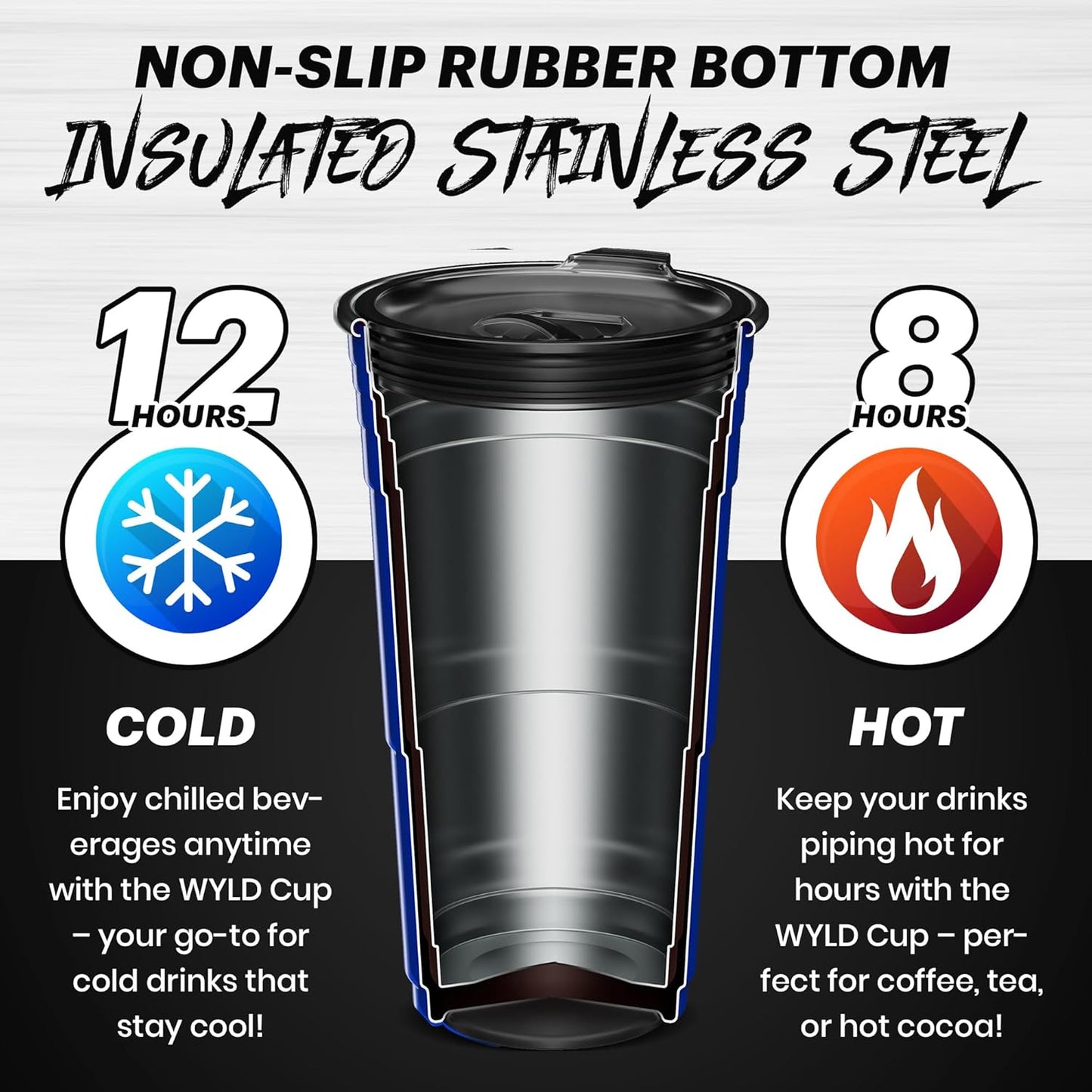 Wyld Gear Party Cup 16oz Black Stainless Steel Reusable Metal Cup with Lid | non-sweat exterior, 18/8 stainless steel, copper-coated core, non-slip rubber bottom, leak-resistant lid, powder coated