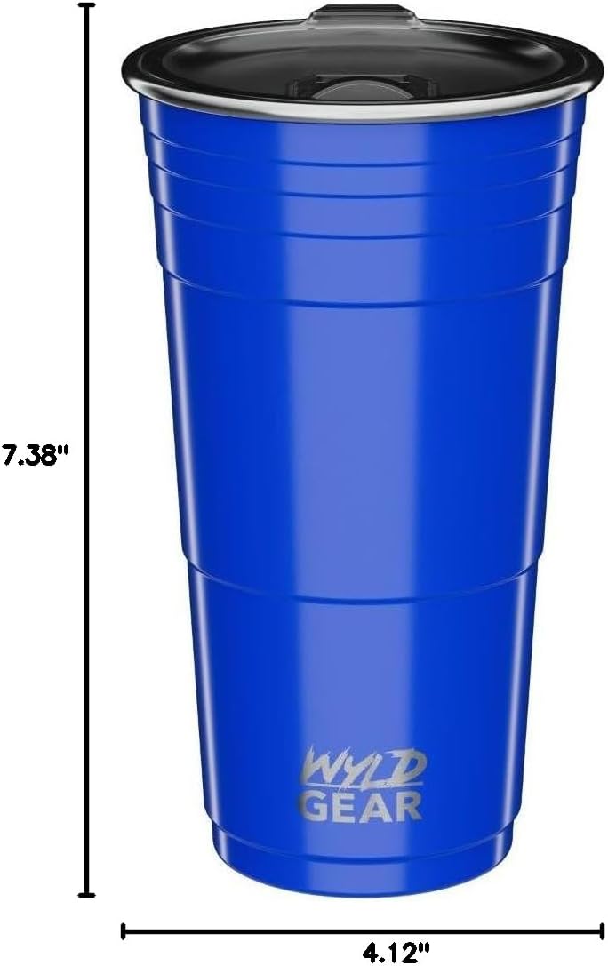 Wyld Gear Party Cup 16oz Black Stainless Steel Reusable Metal Cup with Lid | non-sweat exterior, 18/8 stainless steel, copper-coated core, non-slip rubber bottom, leak-resistant lid, powder coated