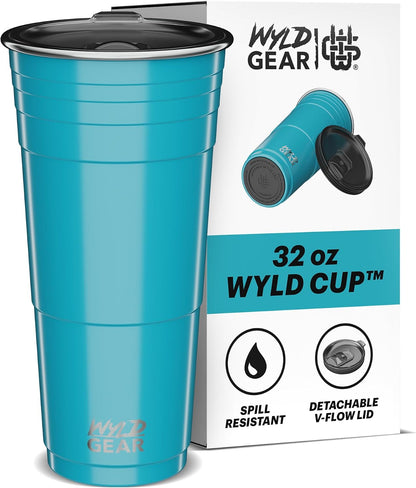 Wyld Gear Party Cup 16oz Black Stainless Steel Reusable Metal Cup with Lid | non-sweat exterior, 18/8 stainless steel, copper-coated core, non-slip rubber bottom, leak-resistant lid, powder coated