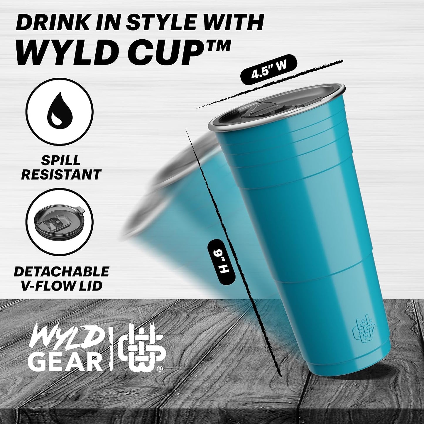 Wyld Gear Party Cup 16oz Black Stainless Steel Reusable Metal Cup with Lid | non-sweat exterior, 18/8 stainless steel, copper-coated core, non-slip rubber bottom, leak-resistant lid, powder coated