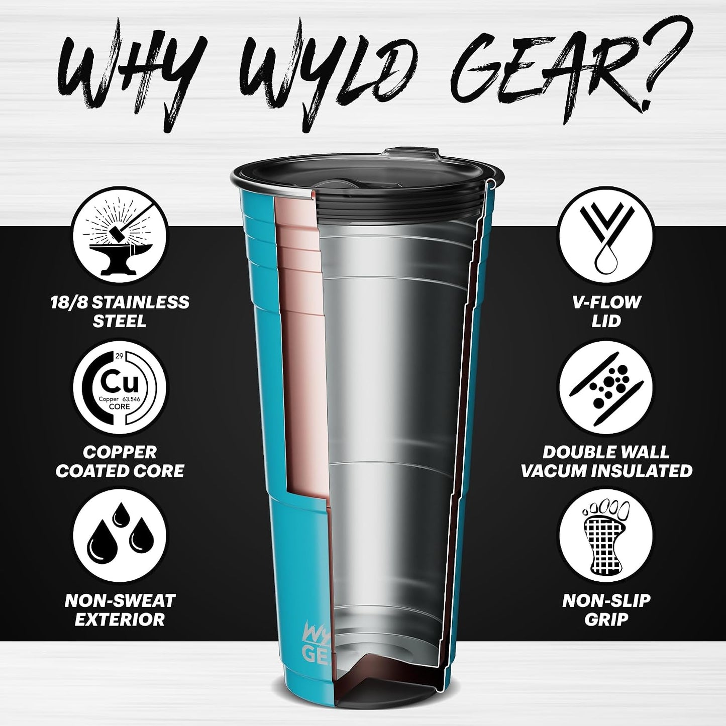 Wyld Gear Party Cup 16oz Black Stainless Steel Reusable Metal Cup with Lid | non-sweat exterior, 18/8 stainless steel, copper-coated core, non-slip rubber bottom, leak-resistant lid, powder coated
