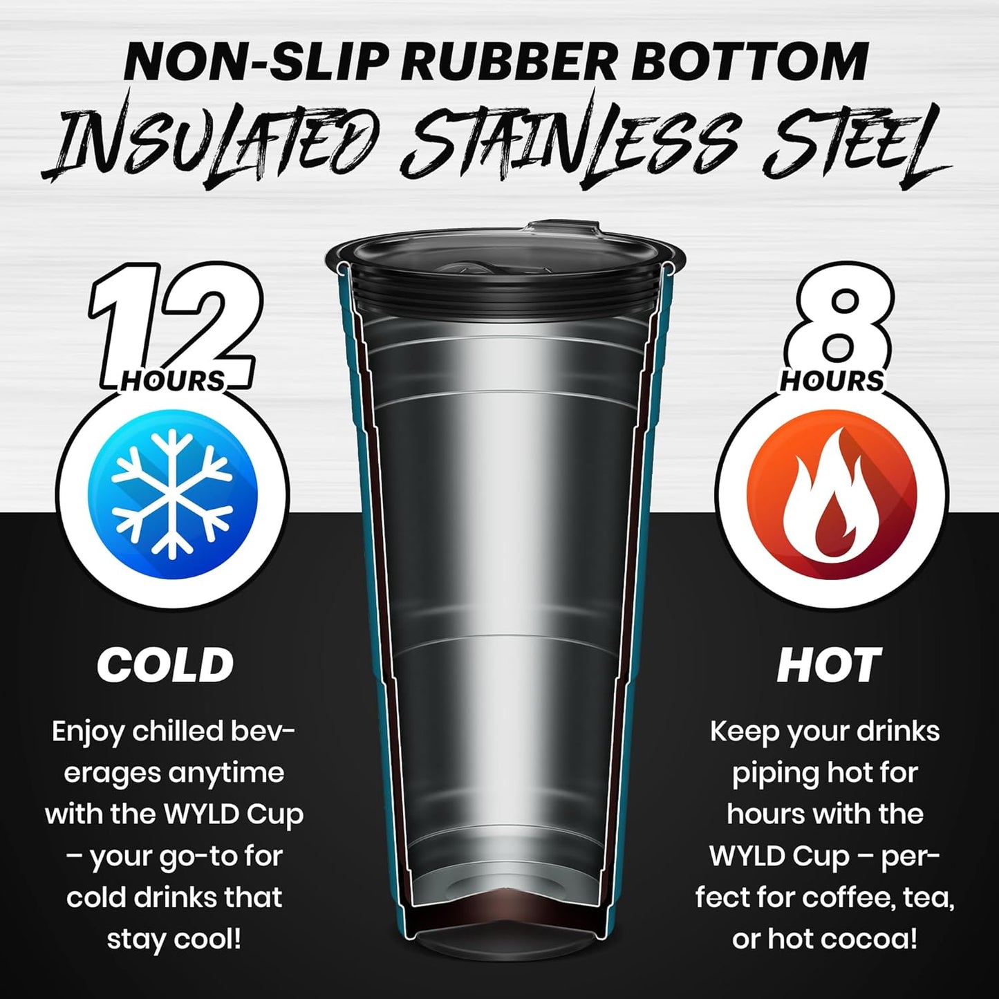 Wyld Gear Party Cup 16oz Black Stainless Steel Reusable Metal Cup with Lid | non-sweat exterior, 18/8 stainless steel, copper-coated core, non-slip rubber bottom, leak-resistant lid, powder coated