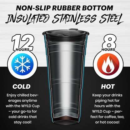 Wyld Gear Party Cup 16oz Black Stainless Steel Reusable Metal Cup with Lid | non-sweat exterior, 18/8 stainless steel, copper-coated core, non-slip rubber bottom, leak-resistant lid, powder coated