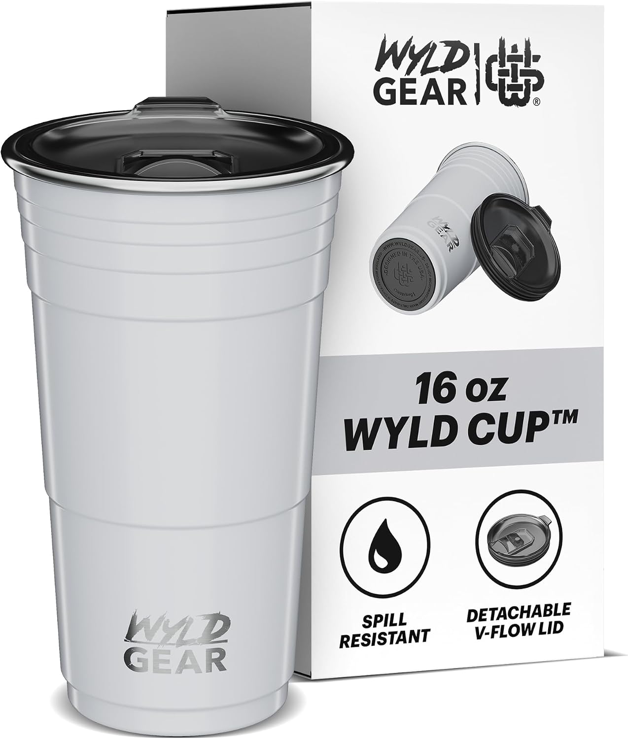 Wyld Gear Party Cup 16oz Black Stainless Steel Reusable Metal Cup with Lid | non-sweat exterior, 18/8 stainless steel, copper-coated core, non-slip rubber bottom, leak-resistant lid, powder coated