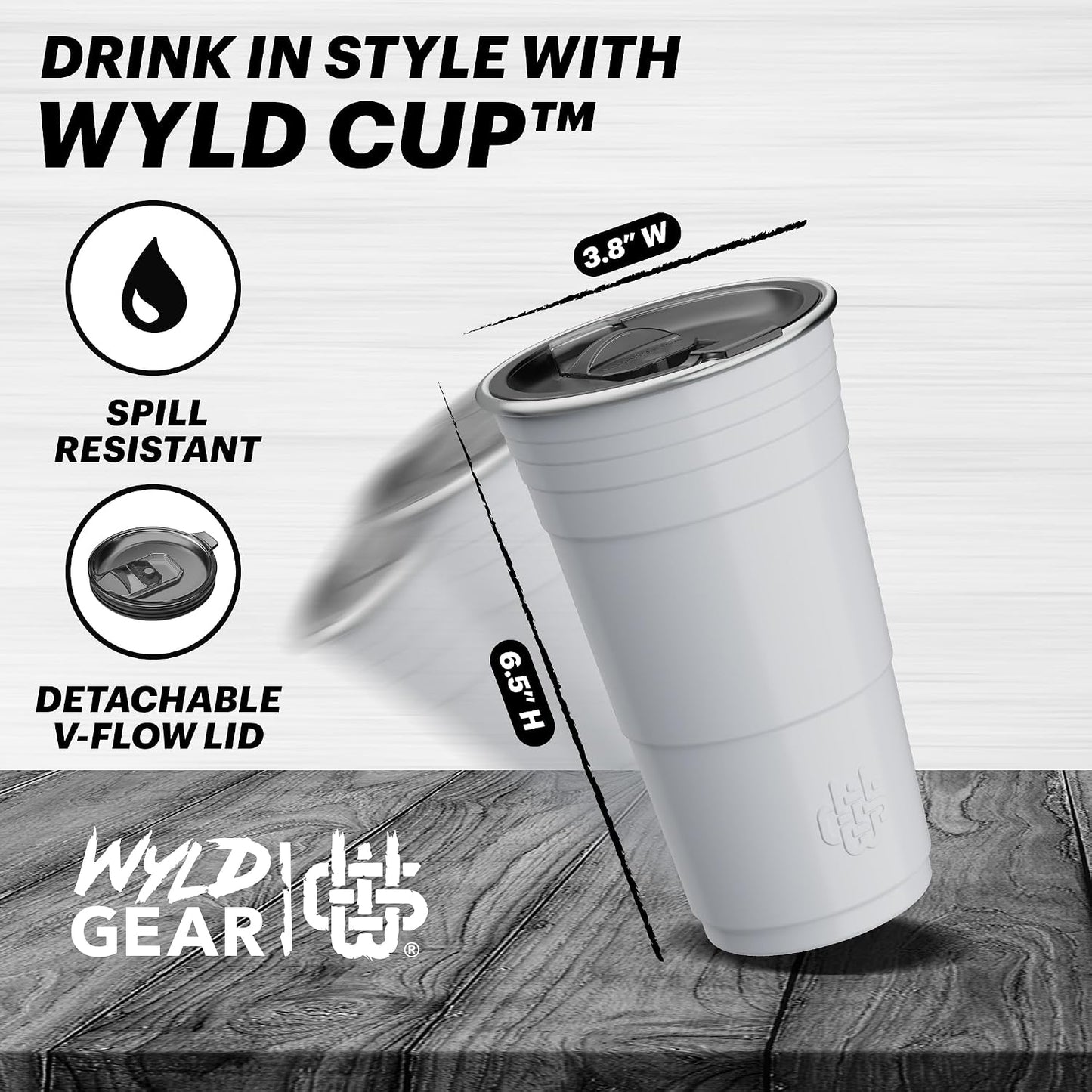 Wyld Gear Party Cup 16oz Black Stainless Steel Reusable Metal Cup with Lid | non-sweat exterior, 18/8 stainless steel, copper-coated core, non-slip rubber bottom, leak-resistant lid, powder coated