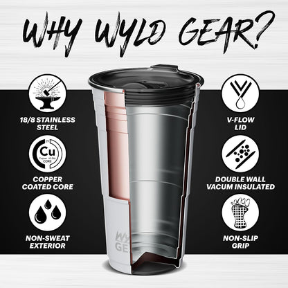 Wyld Gear Party Cup 16oz Black Stainless Steel Reusable Metal Cup with Lid | non-sweat exterior, 18/8 stainless steel, copper-coated core, non-slip rubber bottom, leak-resistant lid, powder coated