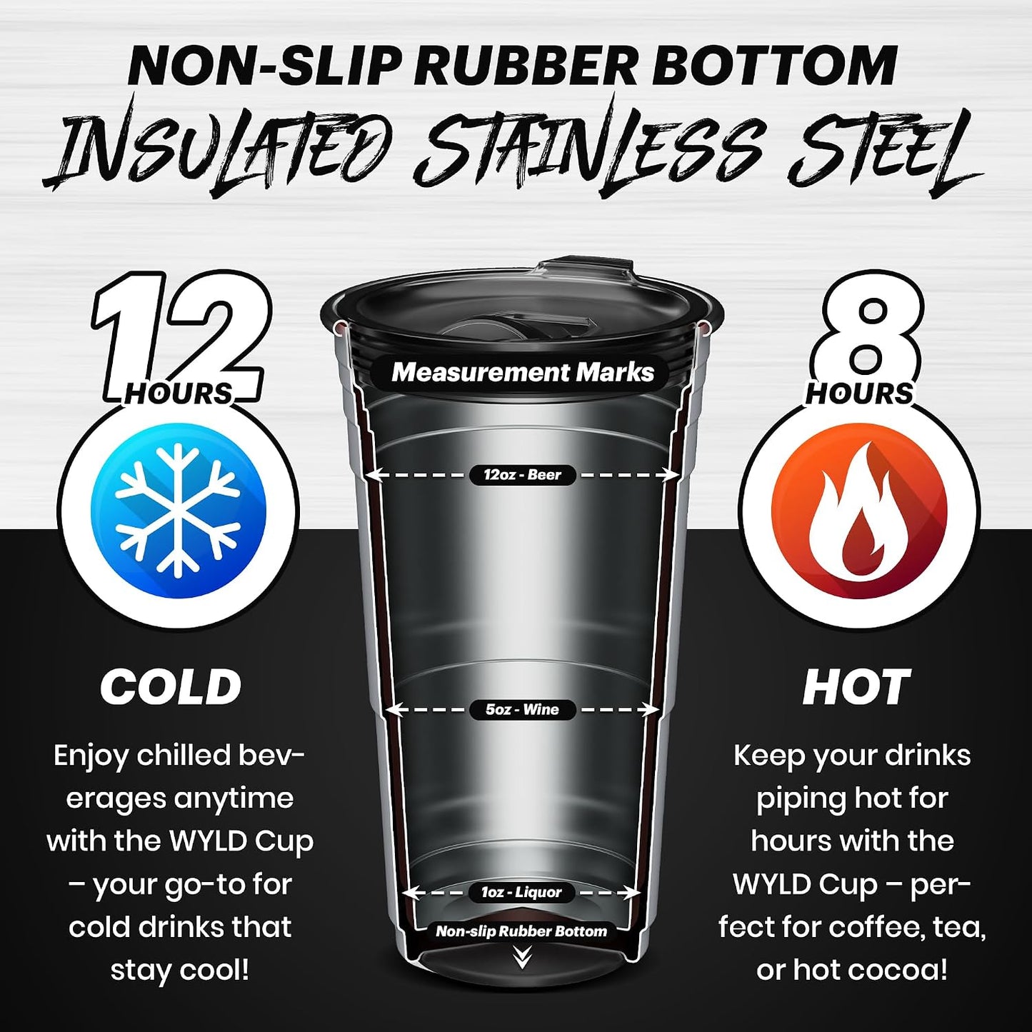 Wyld Gear Party Cup 16oz Black Stainless Steel Reusable Metal Cup with Lid | non-sweat exterior, 18/8 stainless steel, copper-coated core, non-slip rubber bottom, leak-resistant lid, powder coated