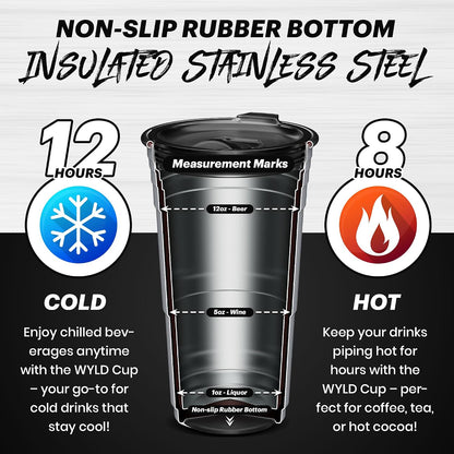 Wyld Gear Party Cup 16oz Black Stainless Steel Reusable Metal Cup with Lid | non-sweat exterior, 18/8 stainless steel, copper-coated core, non-slip rubber bottom, leak-resistant lid, powder coated