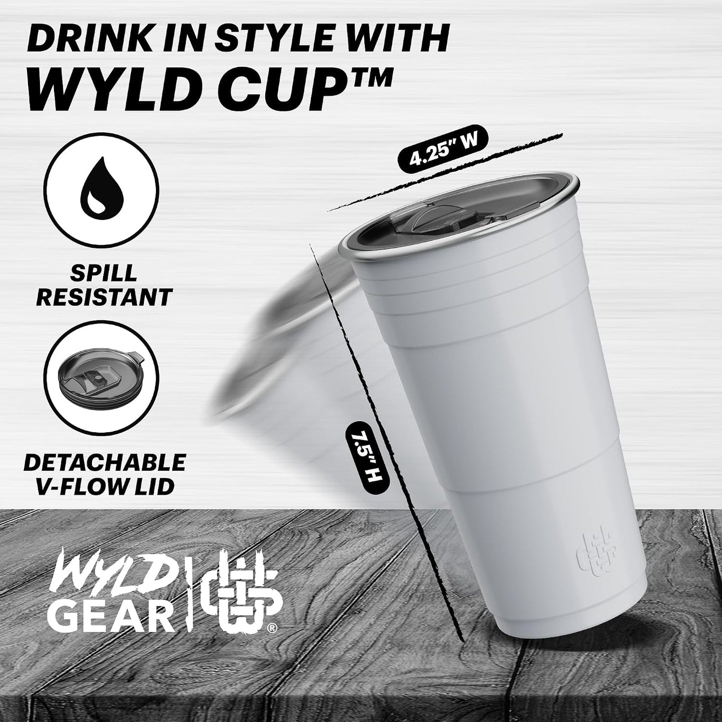 Wyld Gear Party Cup 16oz Black Stainless Steel Reusable Metal Cup with Lid | non-sweat exterior, 18/8 stainless steel, copper-coated core, non-slip rubber bottom, leak-resistant lid, powder coated
