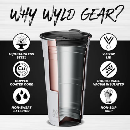 Wyld Gear Party Cup 16oz Black Stainless Steel Reusable Metal Cup with Lid | non-sweat exterior, 18/8 stainless steel, copper-coated core, non-slip rubber bottom, leak-resistant lid, powder coated