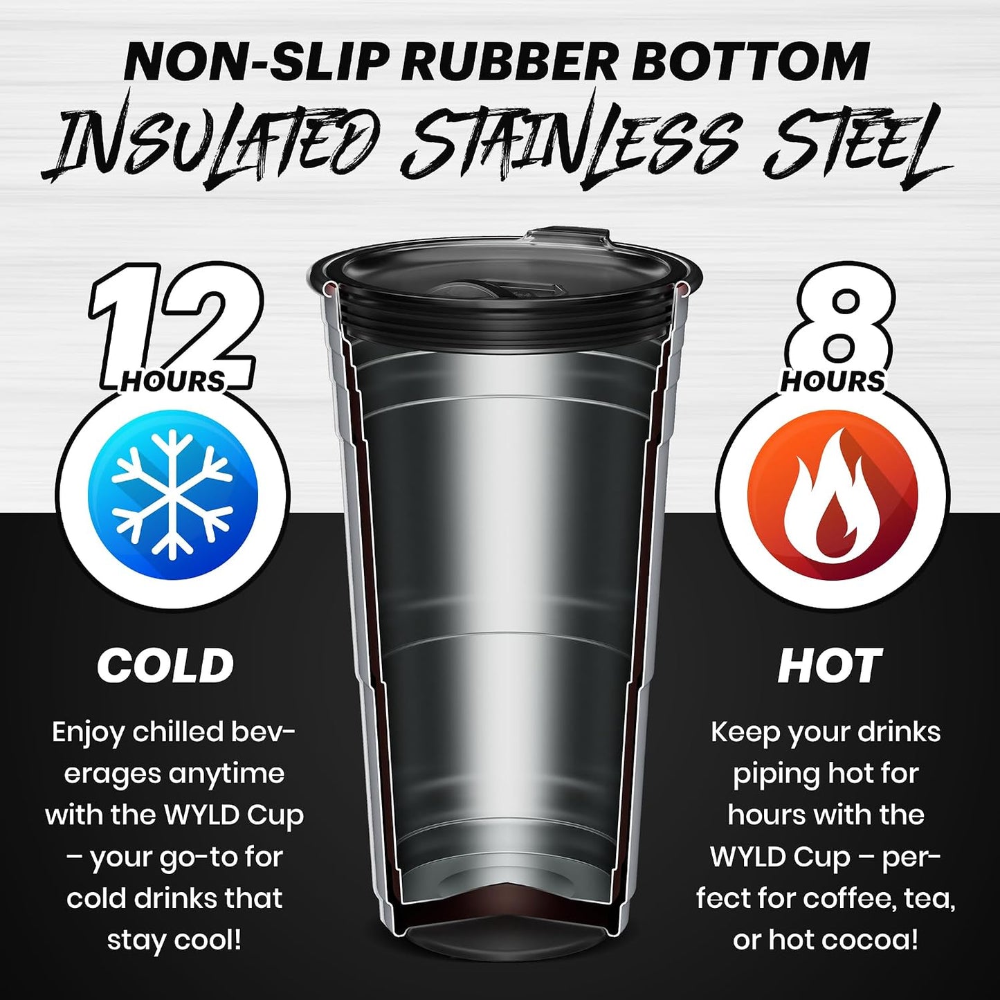 Wyld Gear Party Cup 16oz Black Stainless Steel Reusable Metal Cup with Lid | non-sweat exterior, 18/8 stainless steel, copper-coated core, non-slip rubber bottom, leak-resistant lid, powder coated