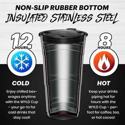 Wyld Gear Party Cup 16oz Black Stainless Steel Reusable Metal Cup with Lid | non-sweat exterior, 18/8 stainless steel, copper-coated core, non-slip rubber bottom, leak-resistant lid, powder coated