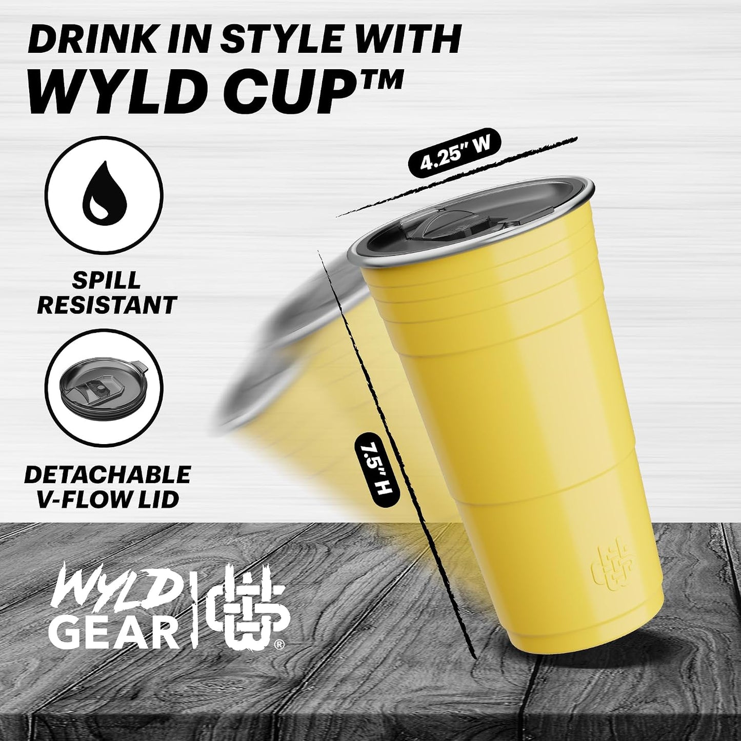 Wyld Gear Party Cup 16oz Black Stainless Steel Reusable Metal Cup with Lid | non-sweat exterior, 18/8 stainless steel, copper-coated core, non-slip rubber bottom, leak-resistant lid, powder coated